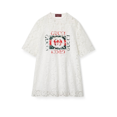 Maglia in pizzo di cotone floreale Gucci con stampa in bianco gesso GUCCI Italia
