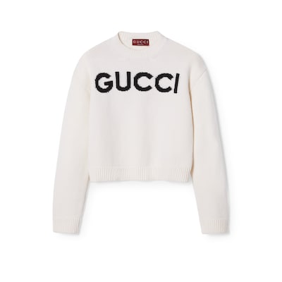 Wool top with Gucci intarsia in ivory | GUCCI® GR
