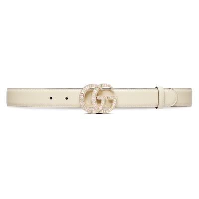 GG Marmont belt with crystal buckle in ivory leather | GUCCI® GR