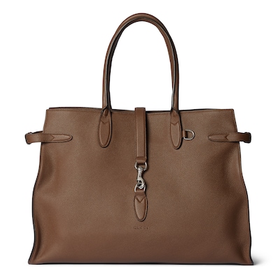 Large tote bag with hook closure in light brown leather