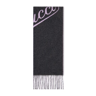 Wool cashmere scarf with Gucci script in grey and pink