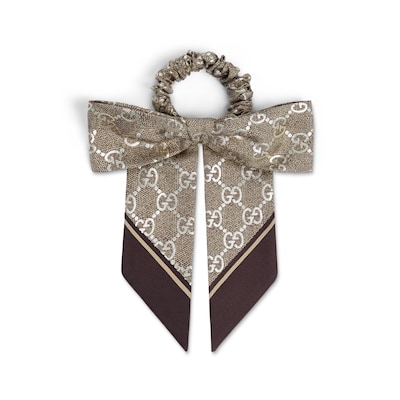 GG silk jacquard scrunchie in brown | GUCCI® US GG silk jacquard scrunchie in brown | GUCCI® US