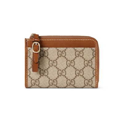 Portacarte GG Emblem con cerniera in tessuto beige e marrone scuro GUCCI Italia