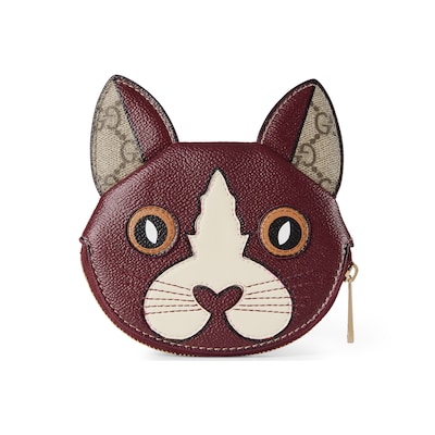 Cat-shape GG coin purse in beige and dark brown fabric