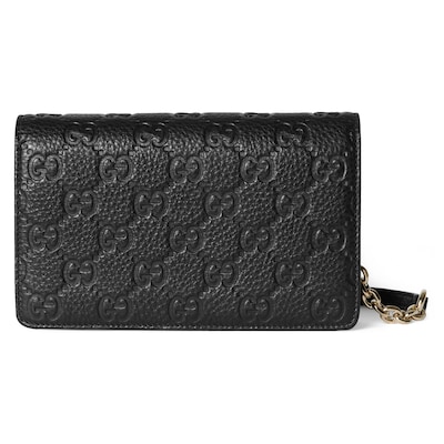 GG Emblem wallet on chain in black leather | GUCCI® US