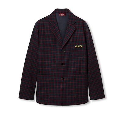 Embroidered check wool flannel jacket in dark blue and red
