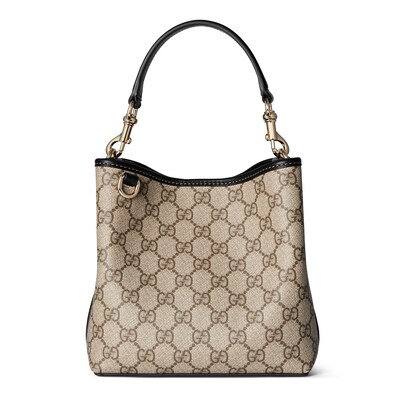 GGエンブレム〕スモール バケットバッグベージュ＆ダークブラウン  