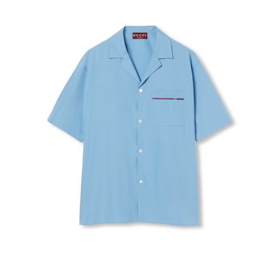 Regular fit cotton shirt with Web in light blue | GUCCI® US Regular fit cotton shirt with Web in light blue | GUCCI® US