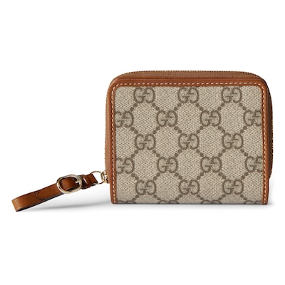 Mini portafoglio GG Emblem con cerniera in tessuto beige e marrone scuro GUCCI Italia