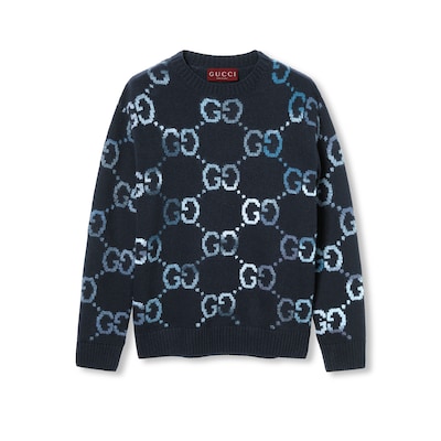 Wool jumper with GG intarsia in navy and blue ombré | GUCCI® NL