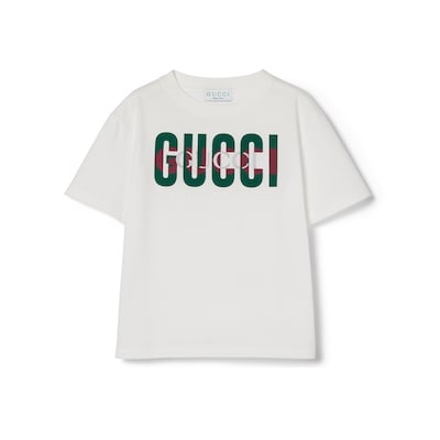 SS24 グッチ ホワイト/レッド ロゴ入りクルーネック T シャツ チルドレンズ〕プリント コットン Tシャツホワイト | GUCCI公式