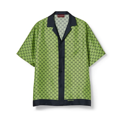 Printed silk shirt in green and dark blue | GUCCI® US