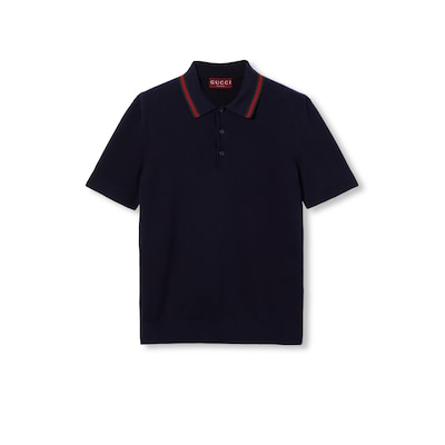 Silk cotton polo shirt with Web in navy | GUCCI® US
