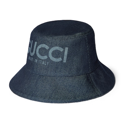 Lasered denim bucket hat in dark blue | GUCCI® US Lasered denim bucket hat in dark blue | GUCCI® US