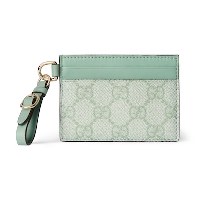 GG Emblem card case with strap in sage green | GUCCI® US