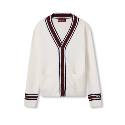 Wool knit cardigan with intarsia in white | GUCCI® US Wool knit cardigan with intarsia in white | GUCCI® US