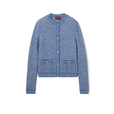 Fine cotton crewneck cardigan in light blue | GUCCI® US Fine cotton crewneck cardigan in light blue | GUCCI® US
