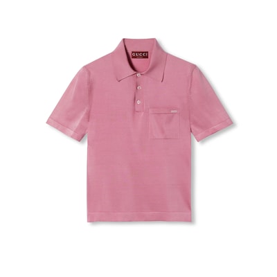 Fine silk knit polo shirt with intarsia in pink | GUCCI® US
