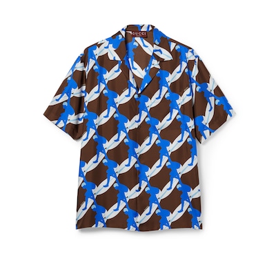 Printed silk bowling shirt in brown, white and blue | GUCCI® US