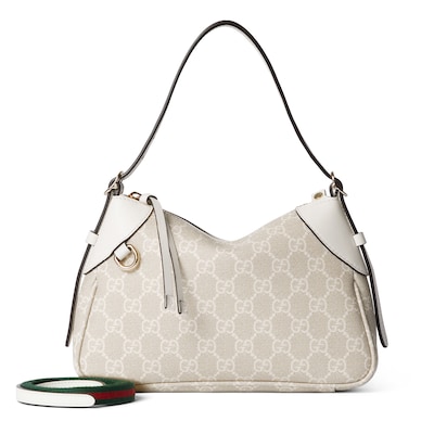 お歳暮 人気 bag shoulder small Emblem GG in fabric white and beige バッグ