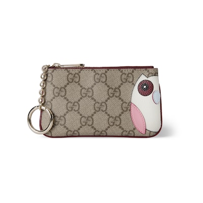 GG key case with owl detail in beige and dark brown fabric GG key case with owl detail in beige and dark brown fabric