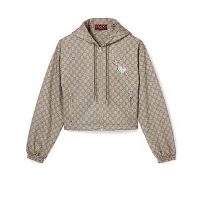 Printed technical jersey zip jacket in beige and dark brown Printed technical jersey zip jacket in beige and dark brown