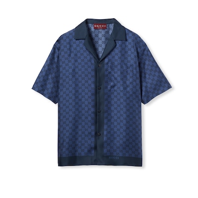 Printed silk twill bowling shirt in blue | GUCCI® US