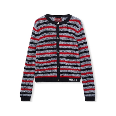 GUCCI アイボリー ネイビー カーディガン インターシャ ストライプ コットン カーディガンネイビー