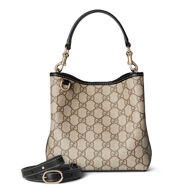 【送料&関税込】Gucci emblem Bucket Bag GG Emblem small bucket bag in beige and dark brown fabric