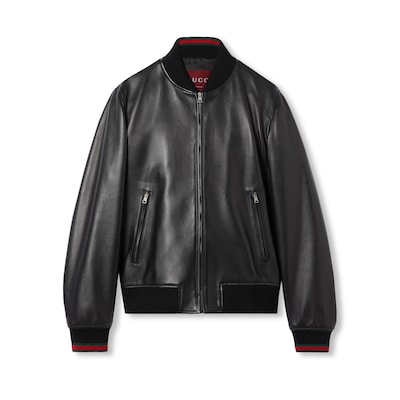 Leather bomber jacket with Web in black | GUCCI® MX