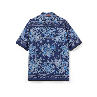 GUCCI ボーリング　シャツ モノグラム プリント コットンポプリン ボウリングシャツブルー | GUCCI公式