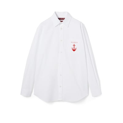 ぐっちレオです。 エンブロイダリー付き コットンポプリン シャツホワイト | GUCCI公式