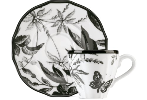 Herbarium coffee cup and saucer, set of two in Black White Herbarium coffee cup and saucer, set of two in Black White