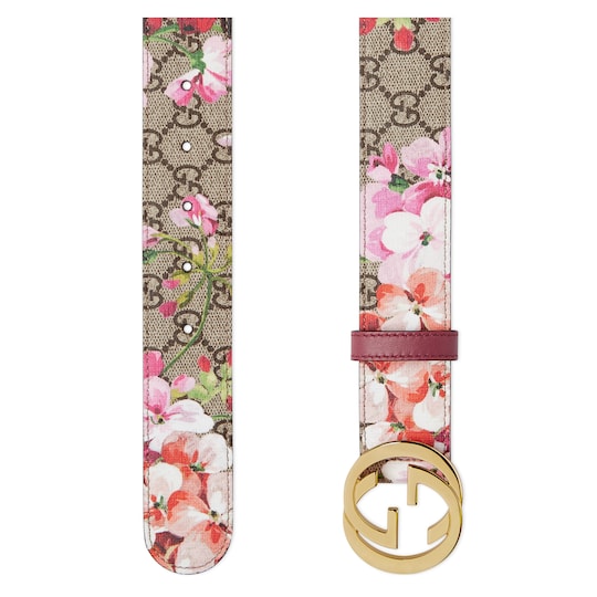 Leather Belt With Double G Buckle In Dusty Pink Gucci Gg Blooms Belt