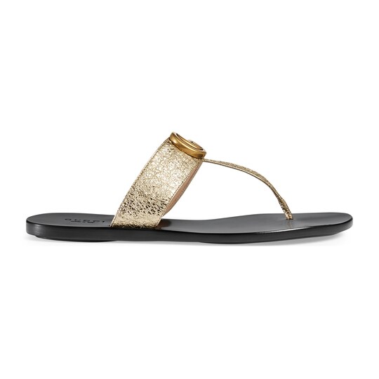 Leather thong sandal with Double G in Metallic gold leather | Gucci Women's Slides & Thongs