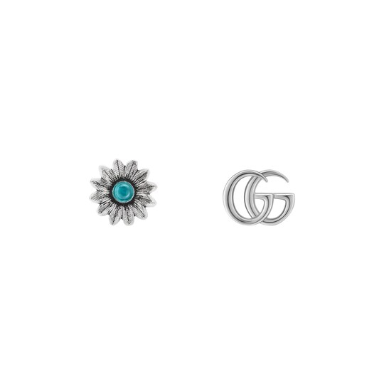 Double G Flower Stud Earrings In Sterling Silver With Aged Finish Double G Flower Stud Earrings