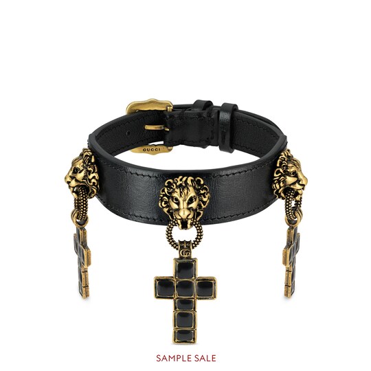 Leather Bracelet With Cross Pendants In Black Gucci Gifts Leather Bracelet With Cross Pendants
