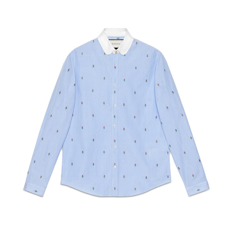 Click to view more detailed imagery on our partner's website Gucci Slim-fit Penny-collar Embroidered Striped Cotton Shirt In Rose