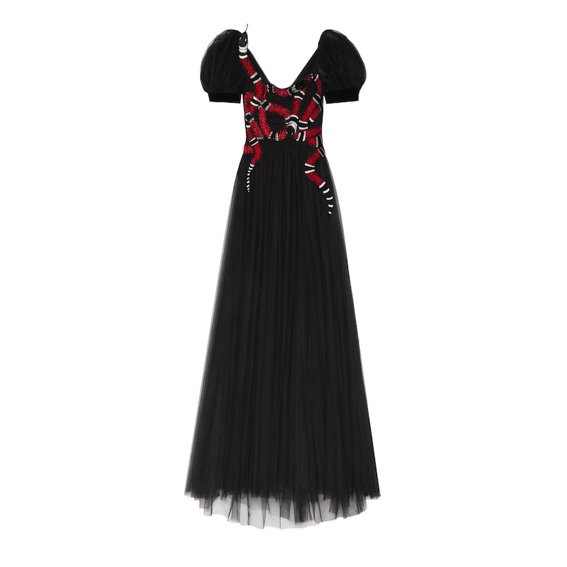 Gucci Embellished Embroidered Tulle Gown In Black