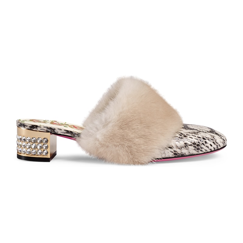 Click to view more detailed imagery on our partner's website Gucci Women's Candy Snakeskin & Mink Fur Embellished Mule Pumps In Mink, Natural