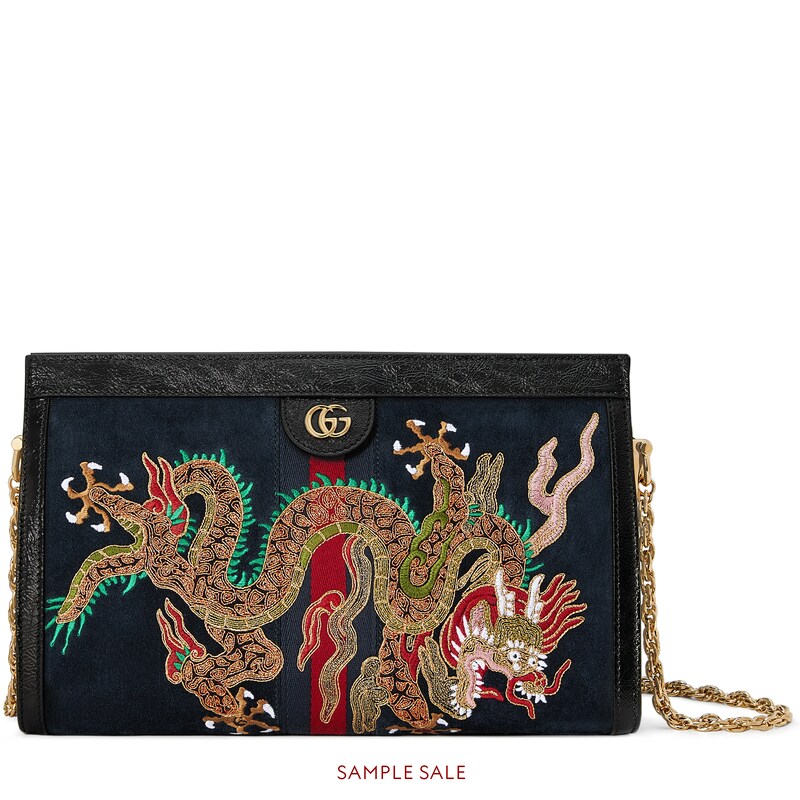 Gucci Ophidia Embroidered Dragon Suede Shoulder Bag - Blue In Blue