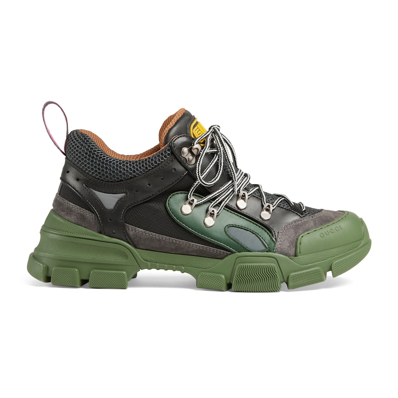 Gucci Low-Top Sneakers Flashtrek Canvas Smooth Leather Suede Logo Patch Black Khaki