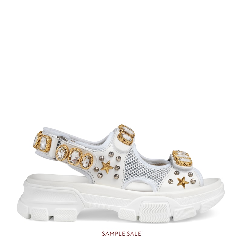 GUCCI LEATHER AND MESH SANDAL WITH CRYSTALS,557471DIR209014