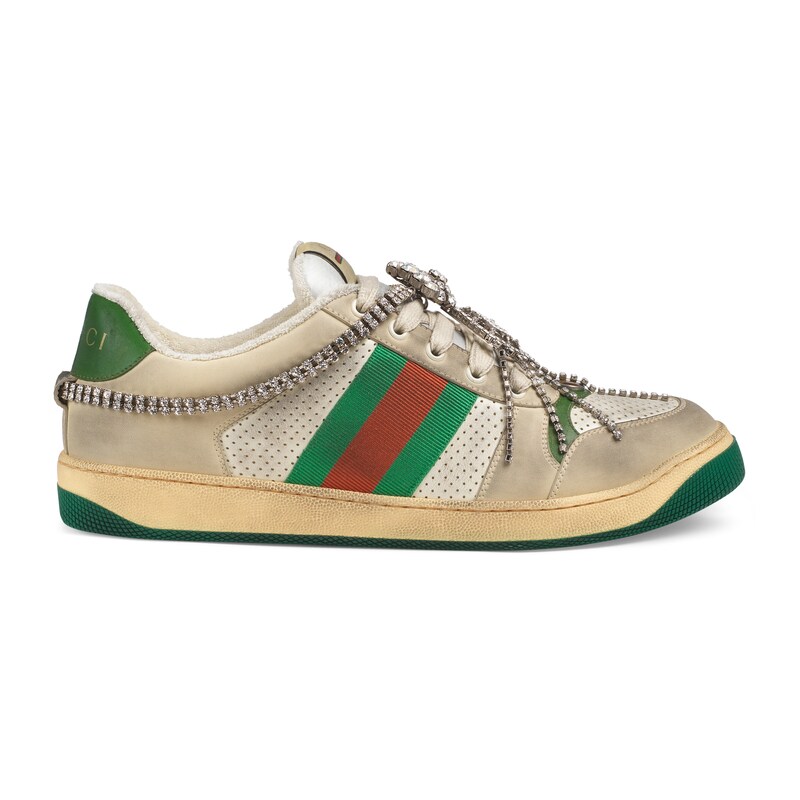 Gucci Screener Embellished Canvas-Trimmed Distressed Leather Sneakers In Neutrals