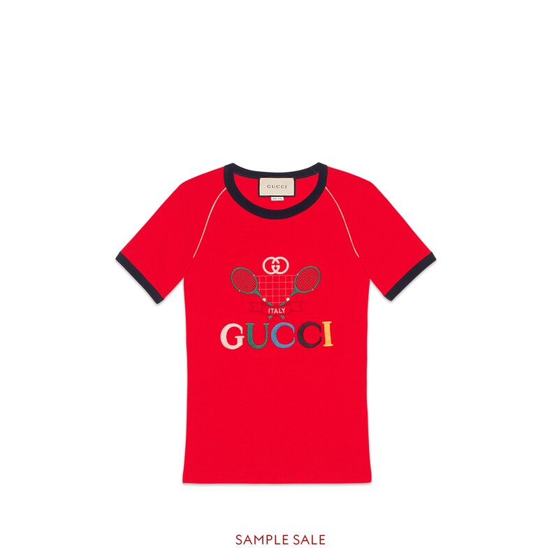 GUCCI RIBBED T-SHIRT WITH GUCCI TENNIS,574386XJA8Y6527