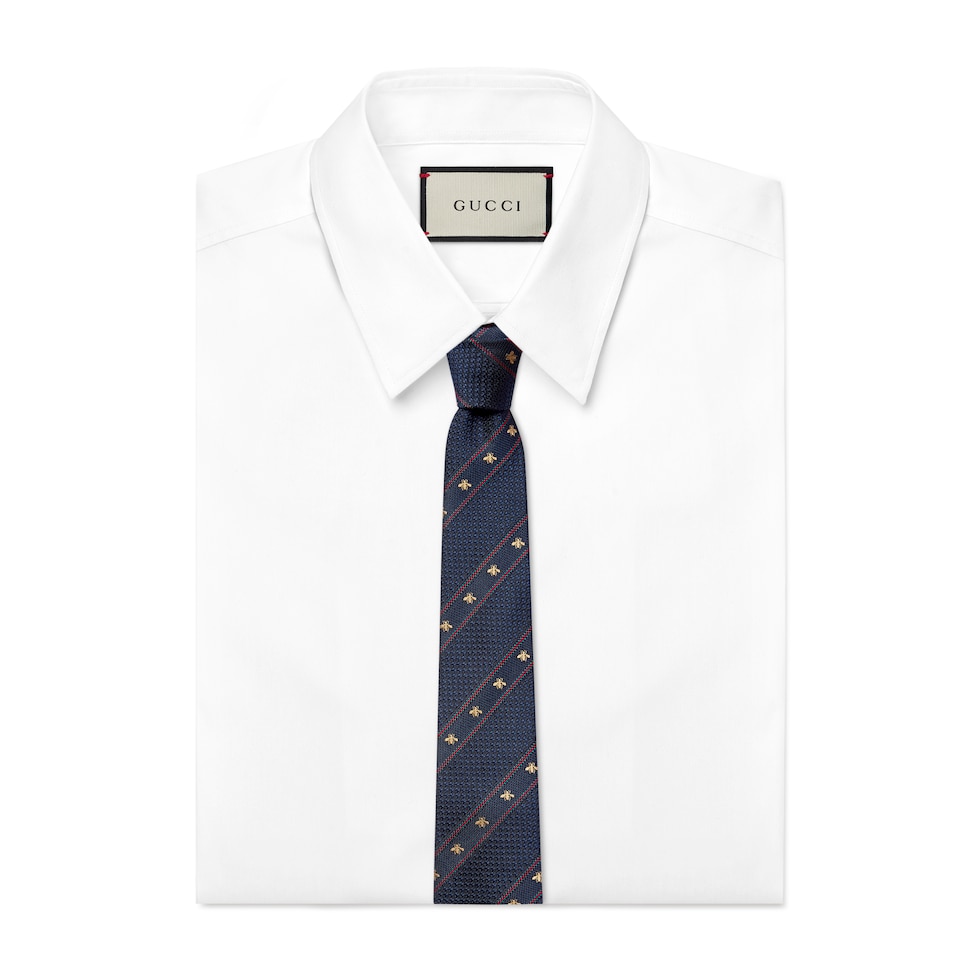 Corbata de jacquard de seda con abeja y tribanda Web
