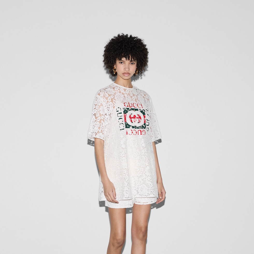 Gucci floral cotton lace top with print