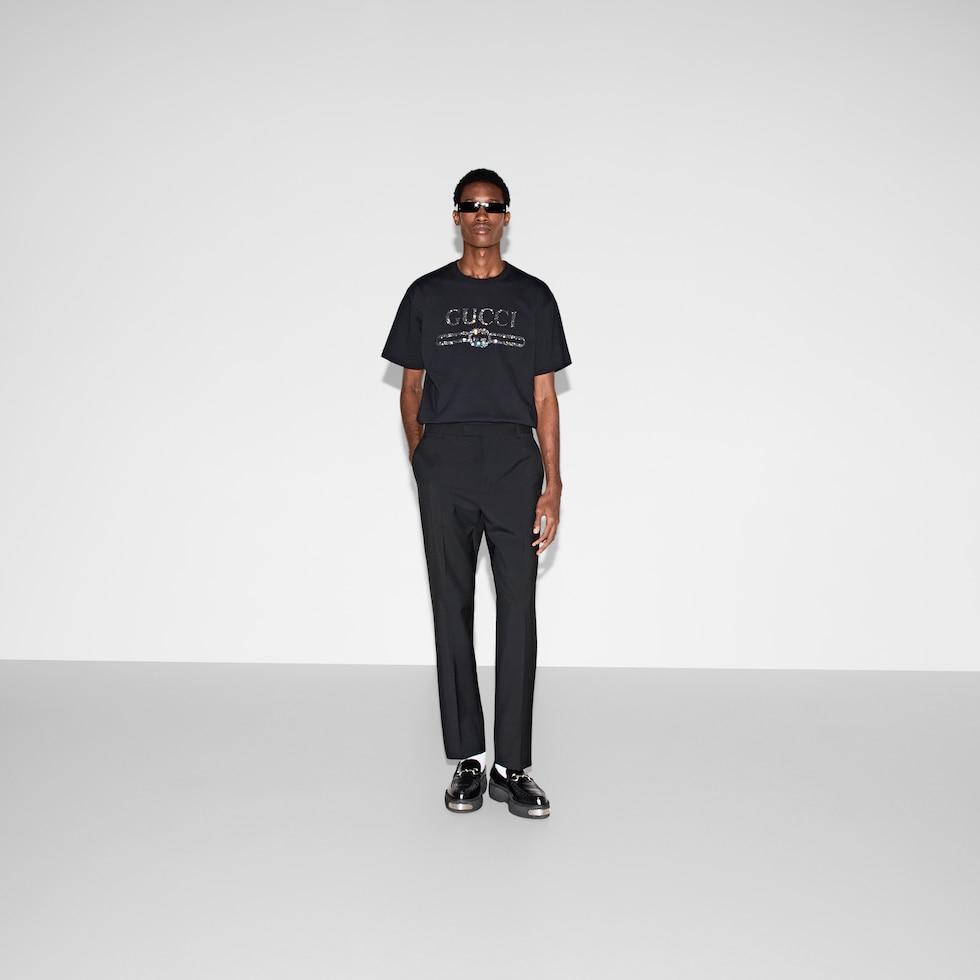 Embroidered wool gabardine trouser