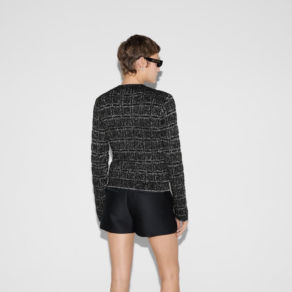Cardigan in jacquard di lana e lamé a quadri