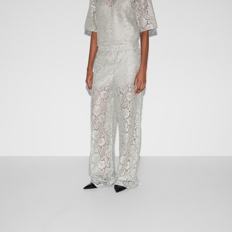 Floral lace lamé pants